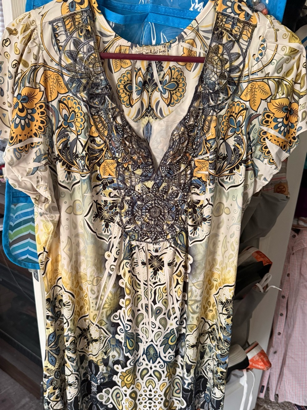 live and let live Embroidered Floral Tunic in Cream, Yellow & Blue